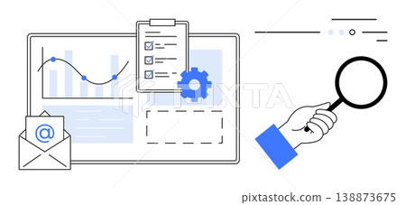 Business analytics, workflow management, email communication, data exploration, office collaboration, efficiency improvement. Charts, magnifying glass clipboard and envelope. Business analytics 138873675