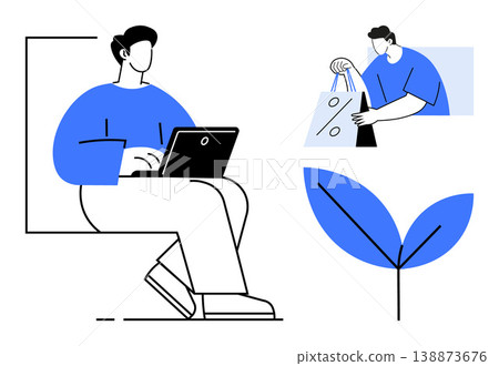 Online shopping, e-commerce, sustainability, modern lifestyle, remote work, digital connection. Person using laptop, shopping bags plant icon. Online shopping and sustainability concept Online shopping, e-commerce, sustainability, modern lifestyle, remote work, digital connection. Person using laptop, shopping bags plant icon. Online shopping and sustainability concept 138873676