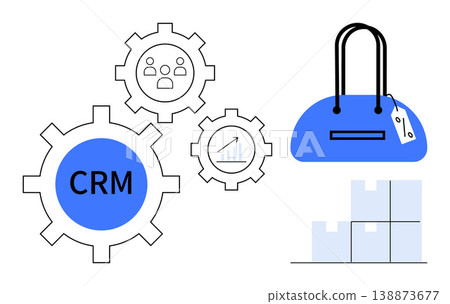 Business strategy, e-commerce integration, data analytics, customer relationship, marketing solutions, inventory management. CRM gears, analytics chart, shopping bag and stacked inventory boxes 138873677