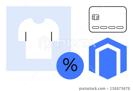 Online shopping, retail, discounts, e-commerce management, inventory, digital payments. Minimal icons of a t-shirt, percentage credit card and warehouse symbol. Online shopping and retail concepts 138873678
