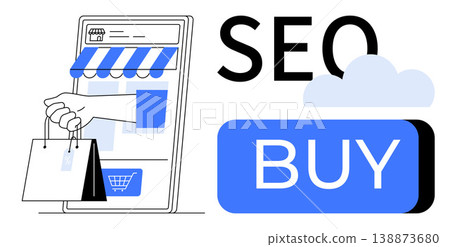 E-commerce, digital marketing, online advertising, search optimization, retail, online buying. A hand holding shopping bags near a digital storefront. E-commerce and digital marketing concept E-commerce, digital marketing, online advertising, search optimization, retail, online buying. A hand holding shopping bags near a digital storefront. E-commerce and digital marketing concept 138873680