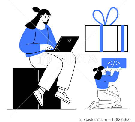 Freelance work, online education, holiday season, programming, gift-giving, digital development. Woman seated with laptop, gift box and programmer holding code symbol. Freelance work and online Freelance work, online education, holiday season, programming, gift-giving, digital development. Woman seated with laptop, gift box and programmer holding code symbol. Freelance work and online 138873682