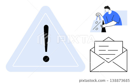 Risk awareness, online shopping safety, warning signs, customer support, communication, fraud detection. A triangle with an exclamation mark, a person with a shopping bag an envelope. Risk awareness Risk awareness, online shopping safety, warning signs, customer support, communication, fraud detection. A triangle with an exclamation mark, a person with a shopping bag an envelope. Risk awareness 138873685