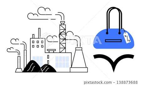 Environmental impact, industrial production, pollution, eco-friendly solutions, consumer behavior, sustainability. A factory emitting smoke and a blue handbag. Industrial production and environmental Environmental impact, industrial production, pollution, eco-friendly solutions, consumer behavior, sustainability. A factory emitting smoke and a blue handbag. Industrial production and environmental 138873688