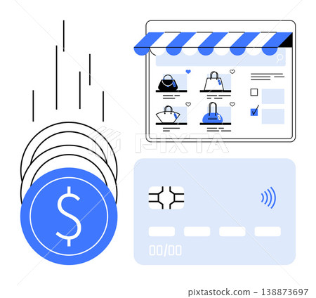 E-commerce, digital payments, online transactions, retail, financial services, shopping. Shopping cart interface, currency coins credit card icon. E-commerce and digital payments concept E-commerce, digital payments, online transactions, retail, financial services, shopping. Shopping cart interface, currency coins credit card icon. E-commerce and digital payments concept 138873697
