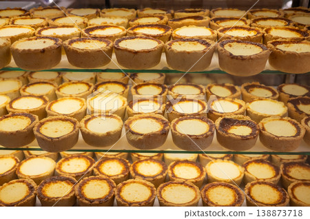 Display of freshly baked cheesecakes in a bakery showcase Display of freshly baked cheesecakes in a bakery showcase 138873718