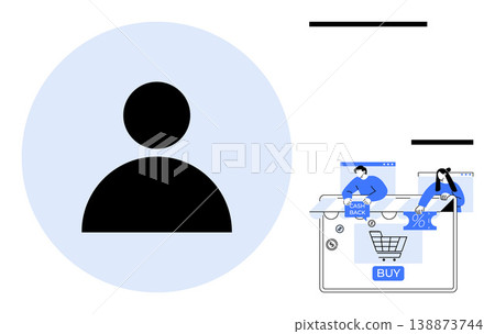 Online shopping, user profile, cashback rewards, digital marketing, e-commerce discounts, consumer habits. Black user icon beside e-commerce themed elements thumbs up cart, cashback sticker 138873744