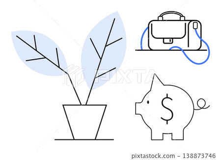 Financial planning, savings, investments, growth, business strategies, economic success. Minimalistic icons of a piggy bank, plant and briefcase. Financial planning and savings concept 138873746