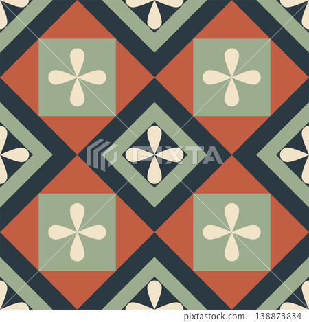 Seamless sophisticated tile pattern with deep slate, terracotta rust, and warm beige petals, Moroccan-inspired design. 138873834