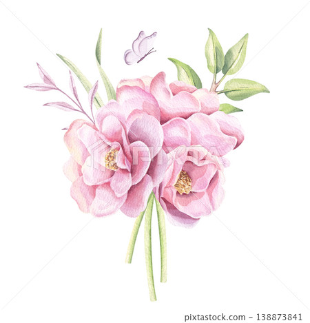 Watercolor camellia flower bouquet isolated on white background. Tender pastel arrangement for floral design. 138873841