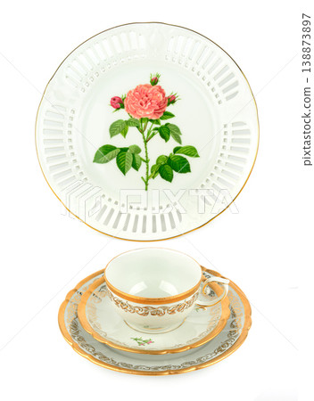 Vintage Porcelain Tea Set and Decorative Plate with Rose Vintage Porcelain Tea Set and Decorative Plate with Rose 138873897