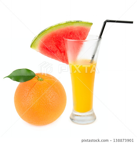 Fresh Orange Juice with Watermelon Slice and Whole Orange 138873901