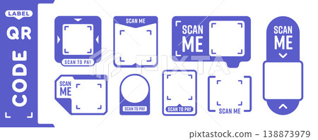 Purple qr code labels with scan me and scan to pay Purple qr code labels with scan me and scan to pay 138873979