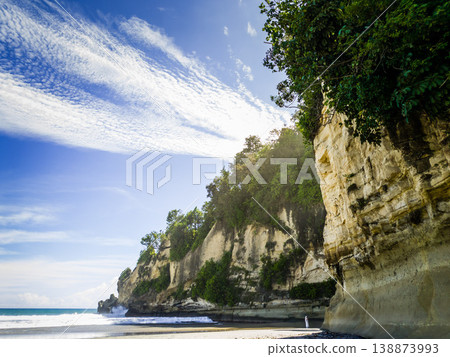 The beautiful aerial view of the morning on the beach with blue sea water in Kaur, Bengkulu, Indonesia The beautiful aerial view of the morning on the beach with blue sea water in Kaur, Bengkulu, Indonesia 138873993