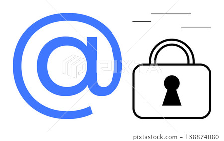 Email security, data protection, cybersecurity, online privacy, identity safeguarding, digital communication. Image shows an at symbol and a lock. Email security and data protection concept 138874080