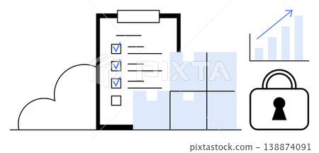 Digital security, logistics, cloud data, inventory management, growth analytics, business planning. Clipboard checklist, boxes lock chart and cloud graphics. Logistics and digital security concept Digital security, logistics, cloud data, inventory management, growth analytics, business planning. Clipboard checklist, boxes lock chart and cloud graphics. Logistics and digital security concept 138874091