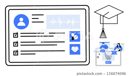 Digital health, online education, e-commerce, technology trends, data management, modern learning. Digital profile card with health data, graduation cap shopping cart. Digital health and online 138874096