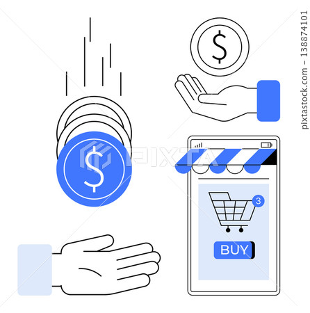 E-commerce, online payments, mobile shopping, financial transactions, currency exchange, digital wallets. Coins falling into hand, smartphone showing online store. E-commerce and online payments E-commerce, online payments, mobile shopping, financial transactions, currency exchange, digital wallets. Coins falling into hand, smartphone showing online store. E-commerce and online payments 138874101