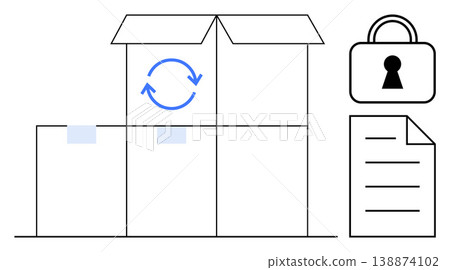 Data protection, shipping security, logistics management, product tracking, secure delivery, information flow. Open box with arrows, lock symbol and document icon. Shipping security and logistics Data protection, shipping security, logistics management, product tracking, secure delivery, information flow. Open box with arrows, lock symbol and document icon. Shipping security and logistics 138874102