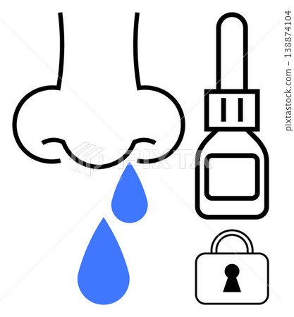 Allergy management, nasal health, sinus care, secure medicine, medical treatment, health awareness. Nose with drops, spray bottle and lock icon. Nasal health and secure medicine concept Allergy management, nasal health, sinus care, secure medicine, medical treatment, health awareness. Nose with drops, spray bottle and lock icon. Nasal health and secure medicine concept 138874104