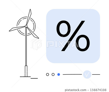 Environmental sustainability, energy efficiency, renewable energy, clean power, wind energy, eco design. Minimalist wind turbine and percentage symbol. Renewable energy and efficiency concept Environmental sustainability, energy efficiency, renewable energy, clean power, wind energy, eco design. Minimalist wind turbine and percentage symbol. Renewable energy and efficiency concept 138874108