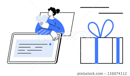 Virtual connection, online gifting, social media interaction, digital love, gift giving, e-commerce. A person holding a heart with a screen, alongside a wrapped gift. Online gifting and digital love Virtual connection, online gifting, social media interaction, digital love, gift giving, e-commerce. A person holding a heart with a screen, alongside a wrapped gift. Online gifting and digital love 138874112