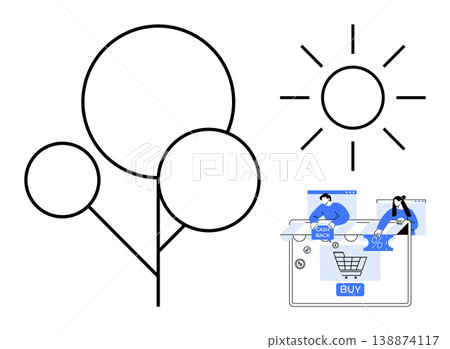 Online shopping, sustainability, cashback offers, digital trends, eco-consciousness, illustration. A nature-inspired graphic with e-commerce visuals. Sustainability and online shopping concept Online shopping, sustainability, cashback offers, digital trends, eco-consciousness, illustration. A nature-inspired graphic with e-commerce visuals. Sustainability and online shopping concept 138874117