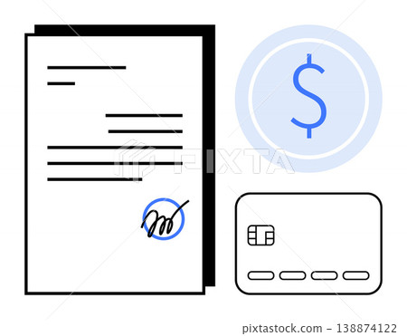 Financial management, payment processing, digital contracts, e-commerce, banking, electronic signatures. A document with a signature, credit card and dollar symbol. Financial management and payment Financial management, payment processing, digital contracts, e-commerce, banking, electronic signatures. A document with a signature, credit card and dollar symbol. Financial management and payment 138874122