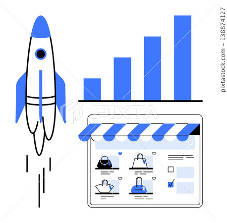 Business strategy, online shopping, entrepreneurship, growth marketing, sales analytics, digital commerce. Rocket launching, bar graph rising and e-commerce storefront design. Business strategy 138874127