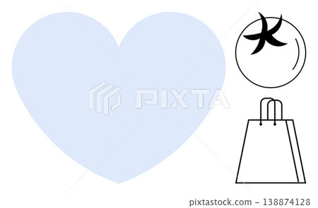 Health, nutrition, shopping, sustainability, self-care, love. Blue heart with a tomato graphic and shopping bag on a clean background. Health and nutrition connect with shopping and self-care Health, nutrition, shopping, sustainability, self-care, love. Blue heart with a tomato graphic and shopping bag on a clean background. Health and nutrition connect with shopping and self-care 138874128