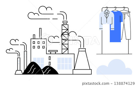 Environmental impact, sustainability, manufacturing, fast fashion, pollution, garment industry. Factory emitting smoke with clothing rack on the side. Environmental impact and sustainability concepts Environmental impact, sustainability, manufacturing, fast fashion, pollution, garment industry. Factory emitting smoke with clothing rack on the side. Environmental impact and sustainability concepts 138874129