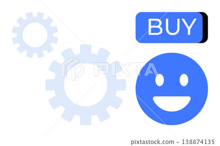 Business, online shopping, automation, e-commerce technology, customer experience, digital sales. Blue happy face, gears and buy button illustration. E-commerce and automation Business, online shopping, automation, e-commerce technology, customer experience, digital sales. Blue happy face, gears and buy button illustration. E-commerce and automation 138874135