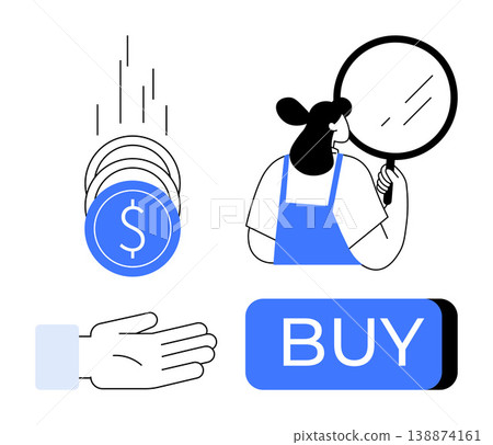 Online shopping, financial transactions, purchase decisions, consumer analysis, e-commerce development, marketing strategies. Coins falling, a hand magnifying glass buy button. Online shopping 138874161