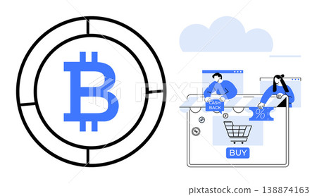 Cryptocurrency, e-commerce, cashback systems, digital payments, online shopping, blockchain technology. Bitcoin symbol beside users engaging in digital shopping. Cryptocurrency and e-commerce Cryptocurrency, e-commerce, cashback systems, digital payments, online shopping, blockchain technology. Bitcoin symbol beside users engaging in digital shopping. Cryptocurrency and e-commerce 138874163