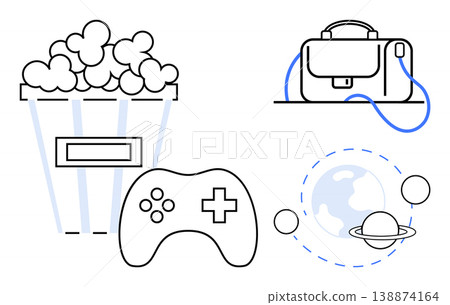 Entertainment, gaming, travel, education, space exploration, leisure. Popcorn bucket, game controller briefcase and planetary system symbols. Entertainment and gaming through unique visuals Entertainment, gaming, travel, education, space exploration, leisure. Popcorn bucket, game controller briefcase and planetary system symbols. Entertainment and gaming through unique visuals 138874164