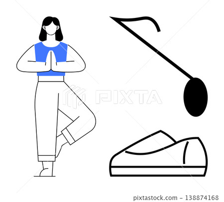 Fitness, wellness, mindfulness, physical activities, meditation, healthy lifestyle. Woman in tree pose next to a sports shoe and whistle. Fitness and wellness visual 138874168