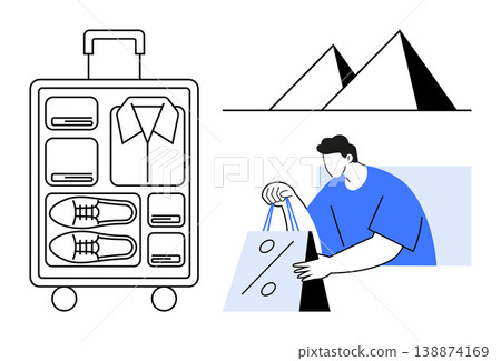 Travel, shopping, vacations, tourism promotion, retail discounts, adventure planning. Minimalist artwork a packed suitcase, discount bag and pyramids. Travel and shopping Travel, shopping, vacations, tourism promotion, retail discounts, adventure planning. Minimalist artwork a packed suitcase, discount bag and pyramids. Travel and shopping 138874169