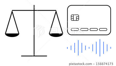 Financial security, payment protection, ethics, fraud prevention, legal compliance, technology innovation. A balance scale, credit card, and sound wave ethics and financial security concepts Financial security, payment protection, ethics, fraud prevention, legal compliance, technology innovation. A balance scale, credit card, and sound wave ethics and financial security concepts 138874173