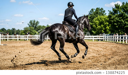 Equestrian rider on black horse in riding arena 138874225