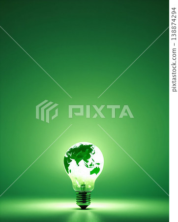 A light bulb with a glowing green globe inside: a concept of sustainable energy and eco-innovation. 138874294
