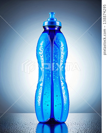 A blue sports drink bottle with condensation droplets – the concept of a cold and refreshing beverage. 138874295
