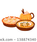 Delicious pumpkin food set with pie, soup, and latte in an autumn design in cartoon style. Thanksgiving and fall season harvest. Vector illustration for greeting card. 138874340