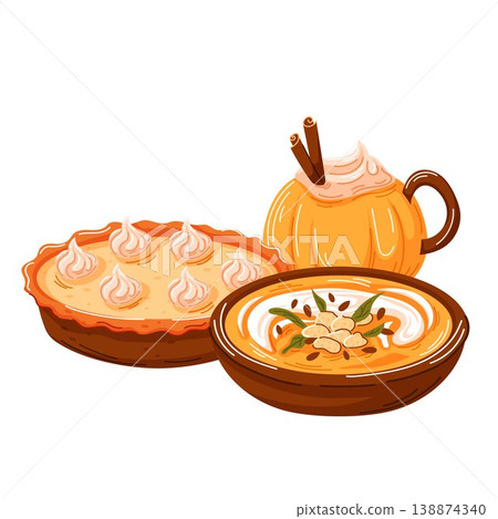 Delicious pumpkin food set with pie, soup, and latte in an autumn design in cartoon style. Thanksgiving and fall season harvest. Vector illustration for greeting card. Delicious pumpkin food set with pie, soup, and latte in an autumn design in cartoon style. Thanksgiving and fall season harvest. Vector illustration for greeting card. 138874340