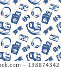 Travel seamless pattern with passport, camera, sunglasses, headphone in flat style. Vector illustration for wrapping paper, fabric. 138874342