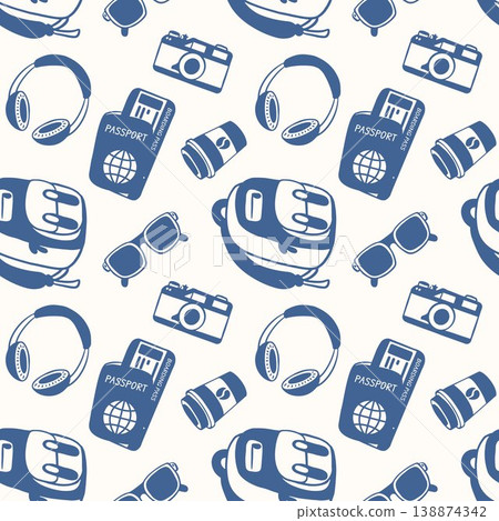 Travel seamless pattern with passport, camera, sunglasses, headphone in flat style. Vector illustration for wrapping paper, fabric. 138874342