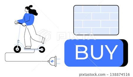 Sustainable transportation, e-commerce, electric vehicles, online shopping, environmental awareness, technology. Woman riding an electric scooter, plug and buy button. Sustainable transportation 138874516