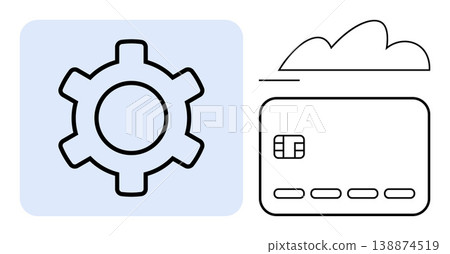 Cloud storage, online payment, fintech, settings, data management, secure transactions. Gear symbol next to a credit card outline and cloud. Online payment and fintech concept 138874519