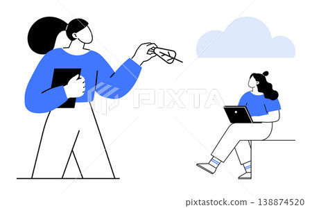 Communication, teamwork, technology, learning, remote work, digital collaboration. Two people one holding a tablet, the other handing over glasses. Communication and teamwork concept 138874520