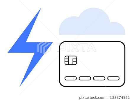 Digital payments, cloud computing, fintech, online transactions, modern technology, fast services. A credit card, cloud and lightning bolt icon. Digital payments and cloud computing concept 138874521