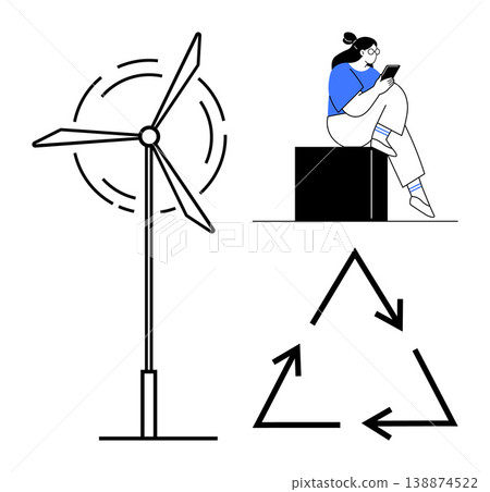 Sustainability, renewable energy, recycling, eco-consciousness, digital lifestyle, green initiatives. Minimal wind turbine, recycling icon person with smartphone. Sustainability and renewable energy 138874522